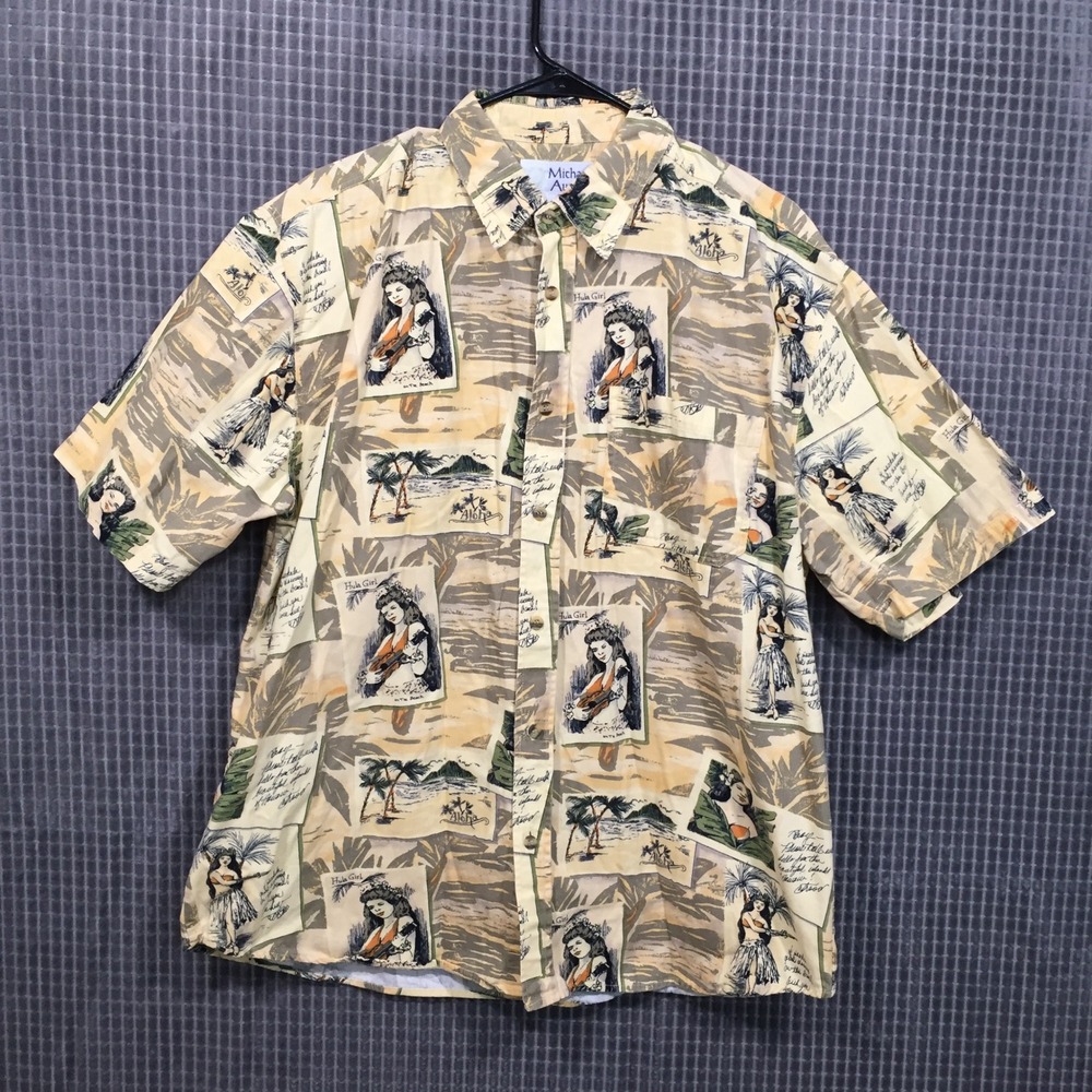 Michael Austin Mens Hawaiian Hula Girl Print Button Up Shirt Yellow Large Cotton